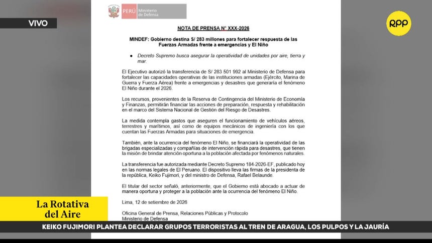 Gobierno destina más de S/ 283 millones para fortalecer respuesta de las Fuerzas Armadas ante emergencias y 'El Niño'