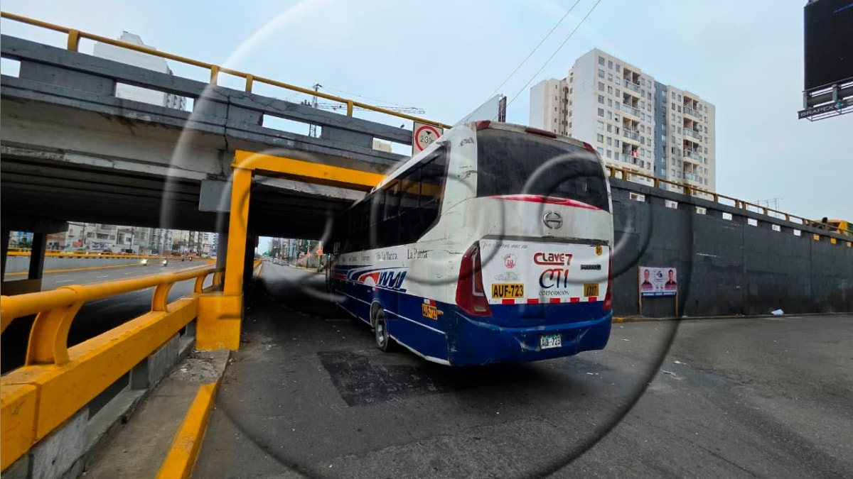 Bus de transporte público quedó atascado bajo el puente de la avenida La Marina [VIDEO]