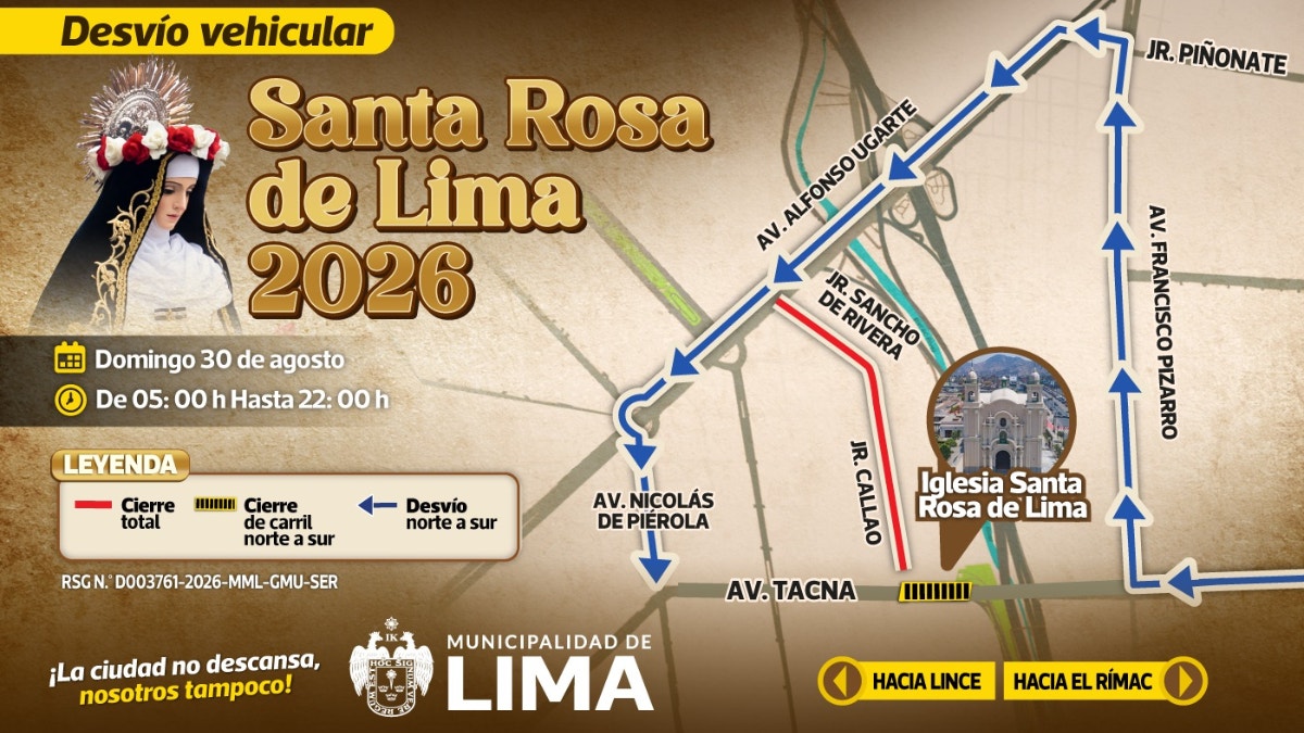 Día de Santa Rosa de Lima: Municipalidad de Lima dispone desvíos y restricciones vehiculares para este 30 de agosto