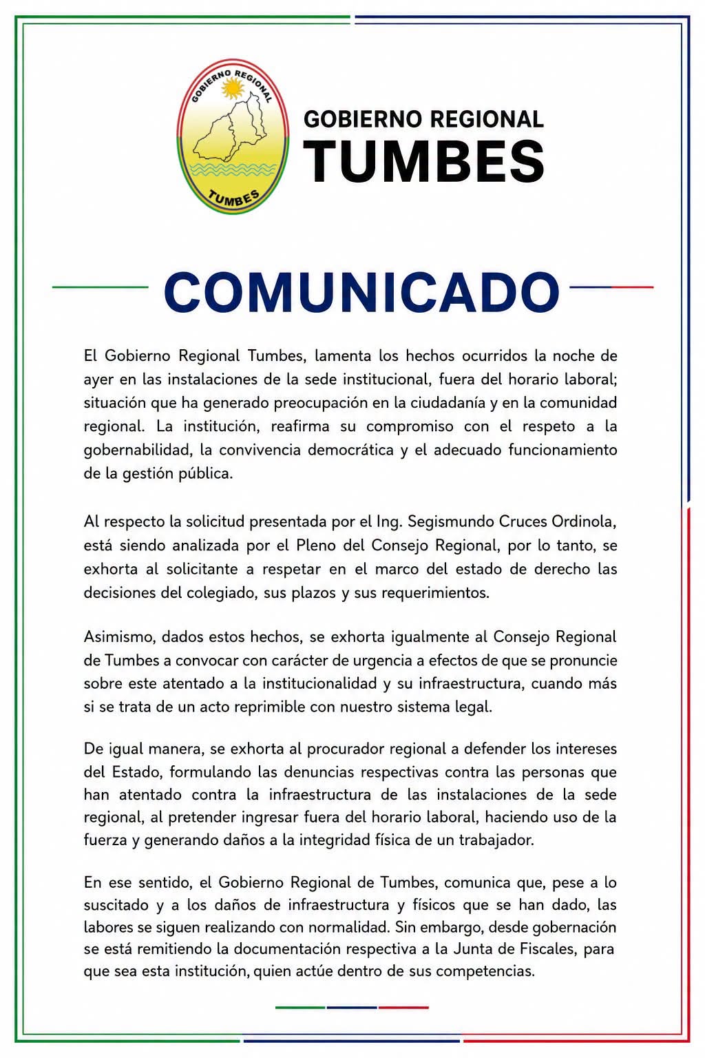 Tumbes: gobernador suspendido Segismundo Cruces es detenido por presuntamente ingresar por la fuerza a la sede regional