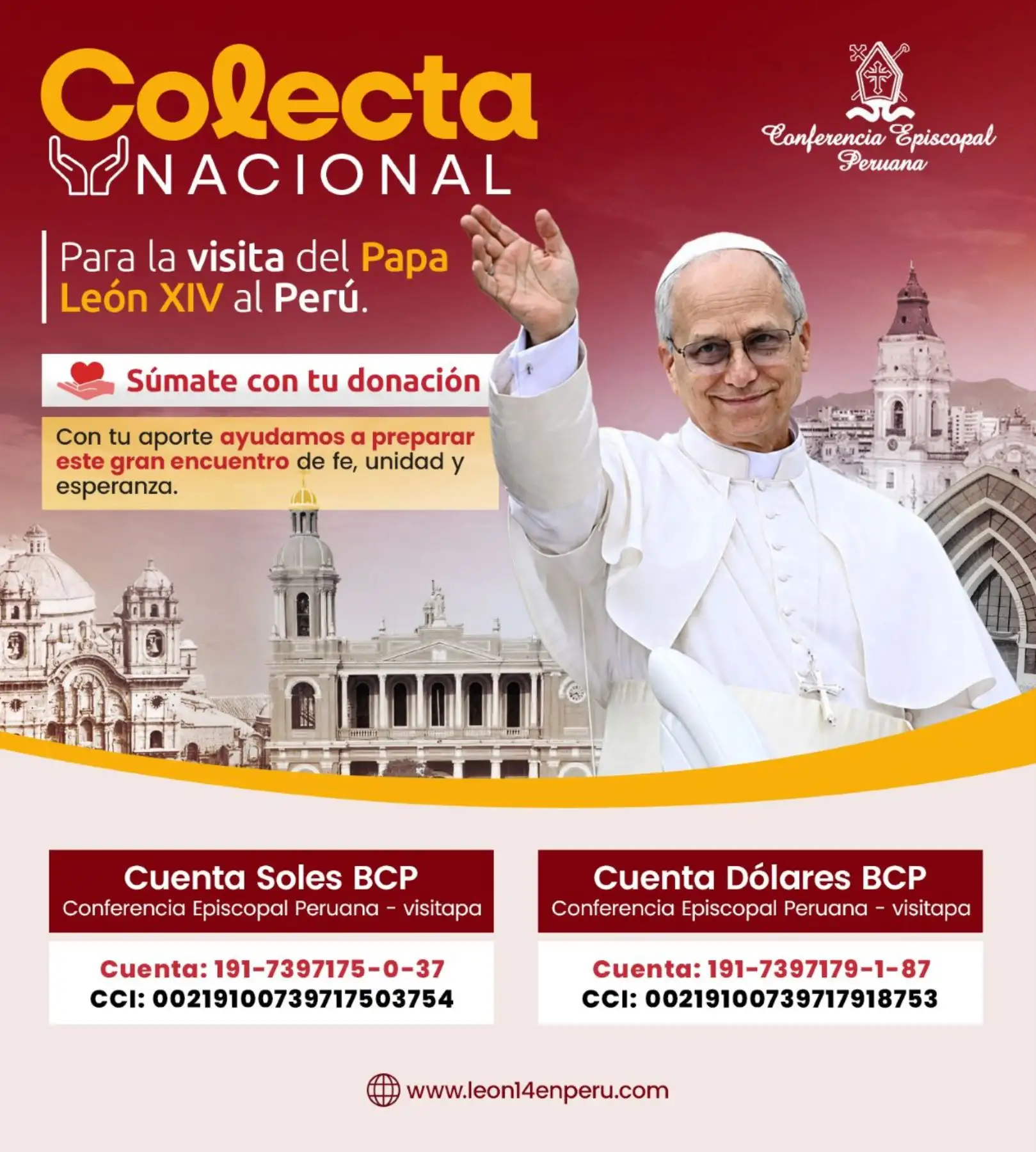 CEP anuncia colecta nacional por visita de Papa León XIV