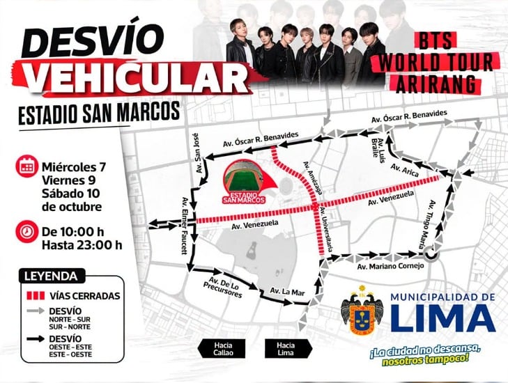 BTS en Lima: Municipalidad ejecutará plan de desvíos y cerrará calles aledañas al estadio San Marcos