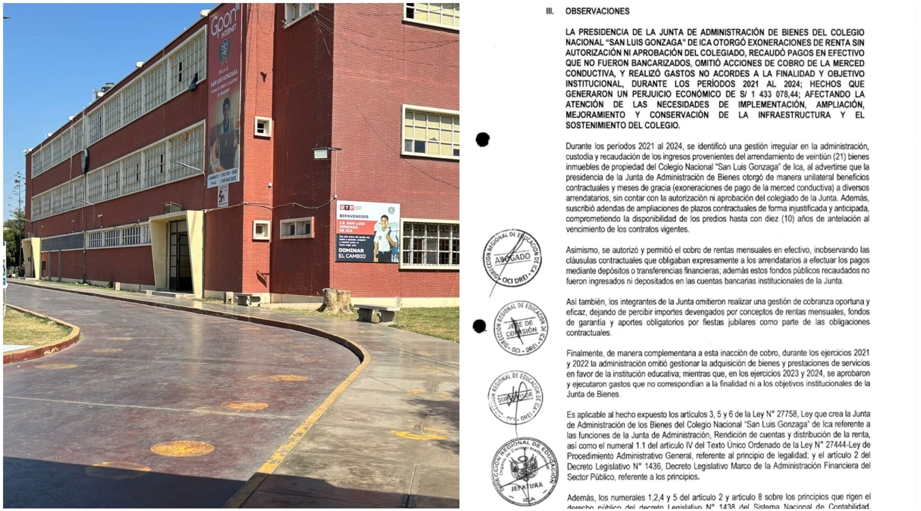 Ica: alertan perjuicio de más de S/1.4 millones en administración de bienes de la I.E. San Luis Gonzaga