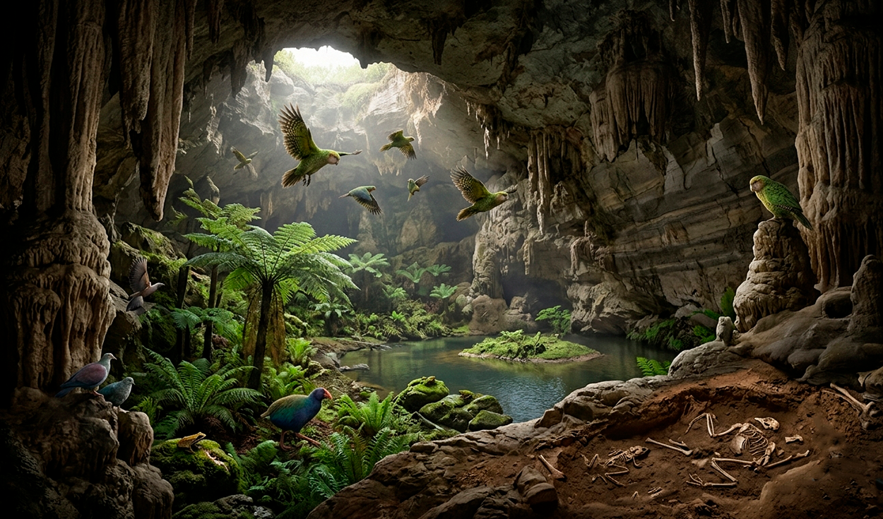 Una cueva en Nueva Zelanda conservó un mundo perdido de hace un millón de años: loros ancestrales y una comunidad de aves moldeada por súper-erupciones y eras de hielo
