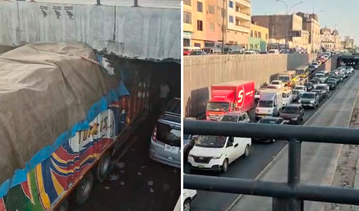 Camión queda atascado en el puente de la Plaza Unión y provoca intenso tráfico en la avenida Alfonso Ugarte